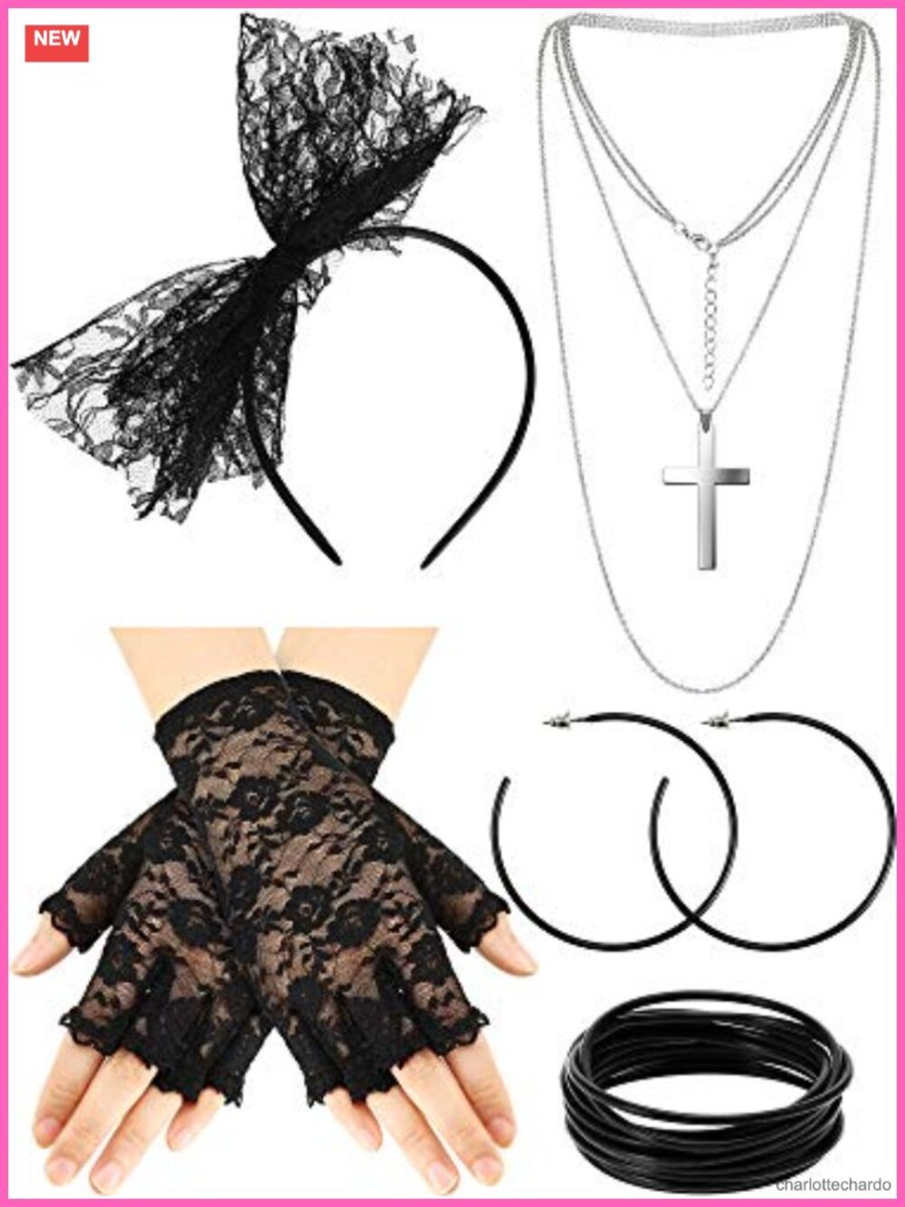 80s Retro Costume Accessory Set Fishnet Gloves Lace Headband Jewelry